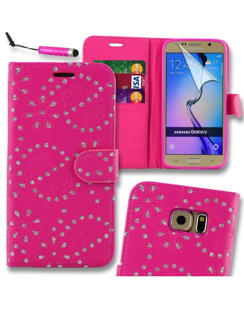 Samsung Galaxy S6 Glitter  Pu Leather Book Style Wallet Case with free  Stylus-Pink