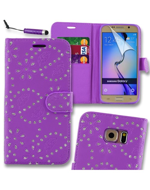 Samsung Galaxy J5 Glitter  Pu Leather Book Style Wallet Case with free  Stylus-Purple