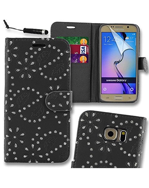 Samsung Galaxy S7 Edge Glitter  Pu Leather Book Style Wallet Case with free  Stylus-Black