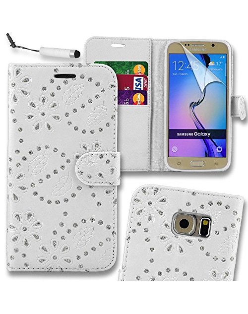 Samsung Galaxy S6 Glitter  Pu Leather Book Style Wallet Case with free  Stylus-White