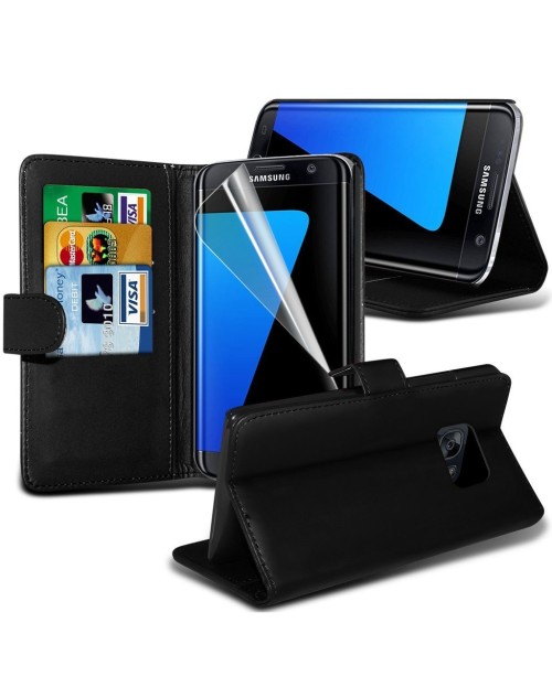 Samsung Galaxy S7 Edge Pu Leather Book Style Wallet Case with free  Stylus-Black